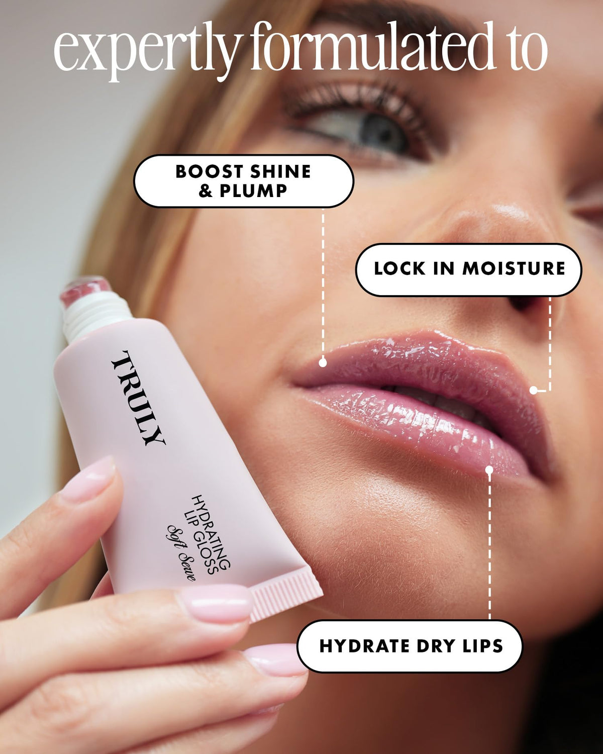 Truly close-up texture of gloss demonstrating glossy, cushiony finish and hydration