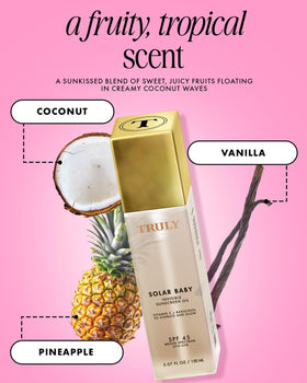Truly Solar Baby ingredients label featuring vitamin C and bakuchiol benefits