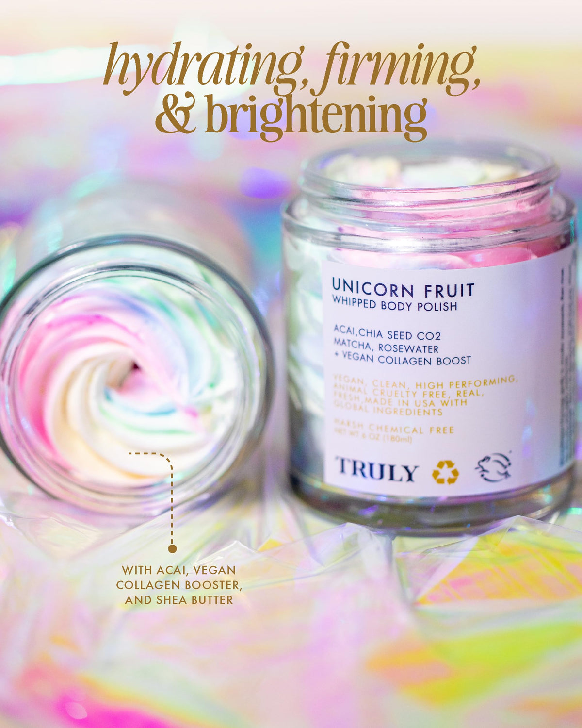 Truly close-up of whipped body polish texture highlighting creamy, spreadable consistency
