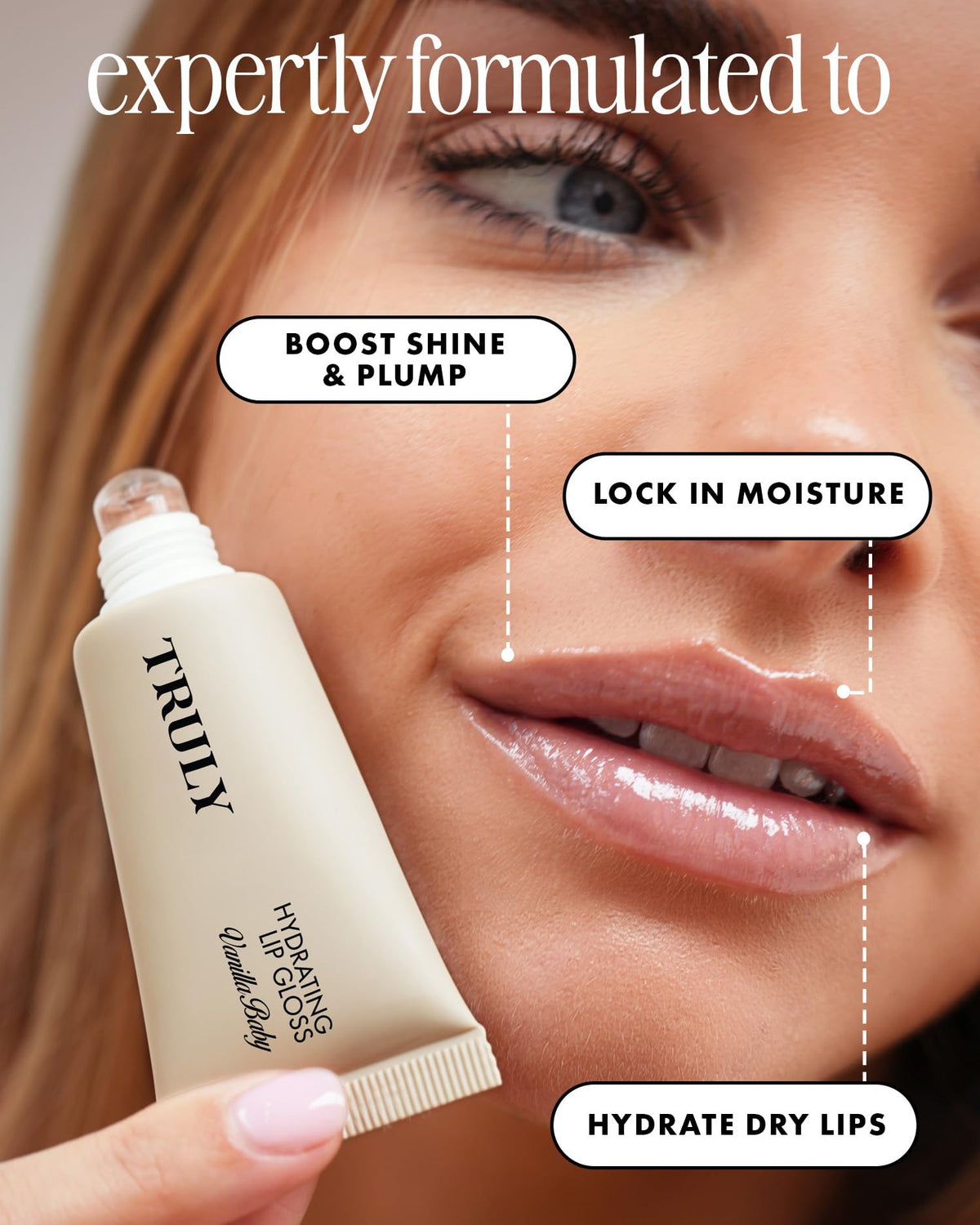 Truly close-up of gloss texture highlighting hydration and non-sticky feel