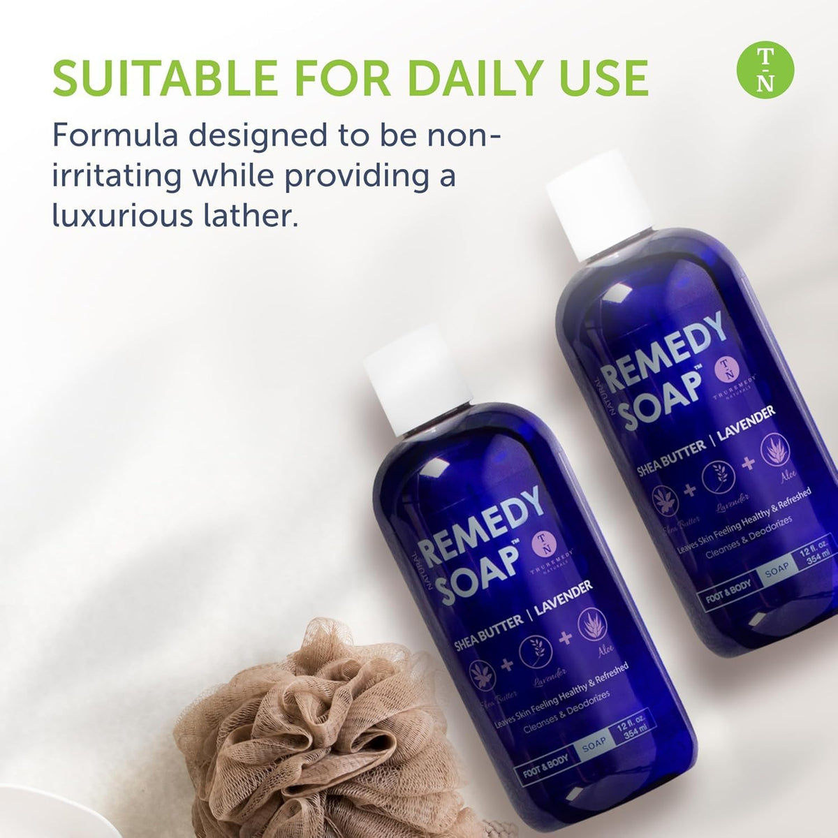 Truremedy Naturals bottle in shower setting conveying calming use