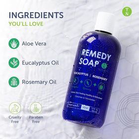 Truremedy Naturals in-shower use with hands and lather showing revitalizing clean benefit
