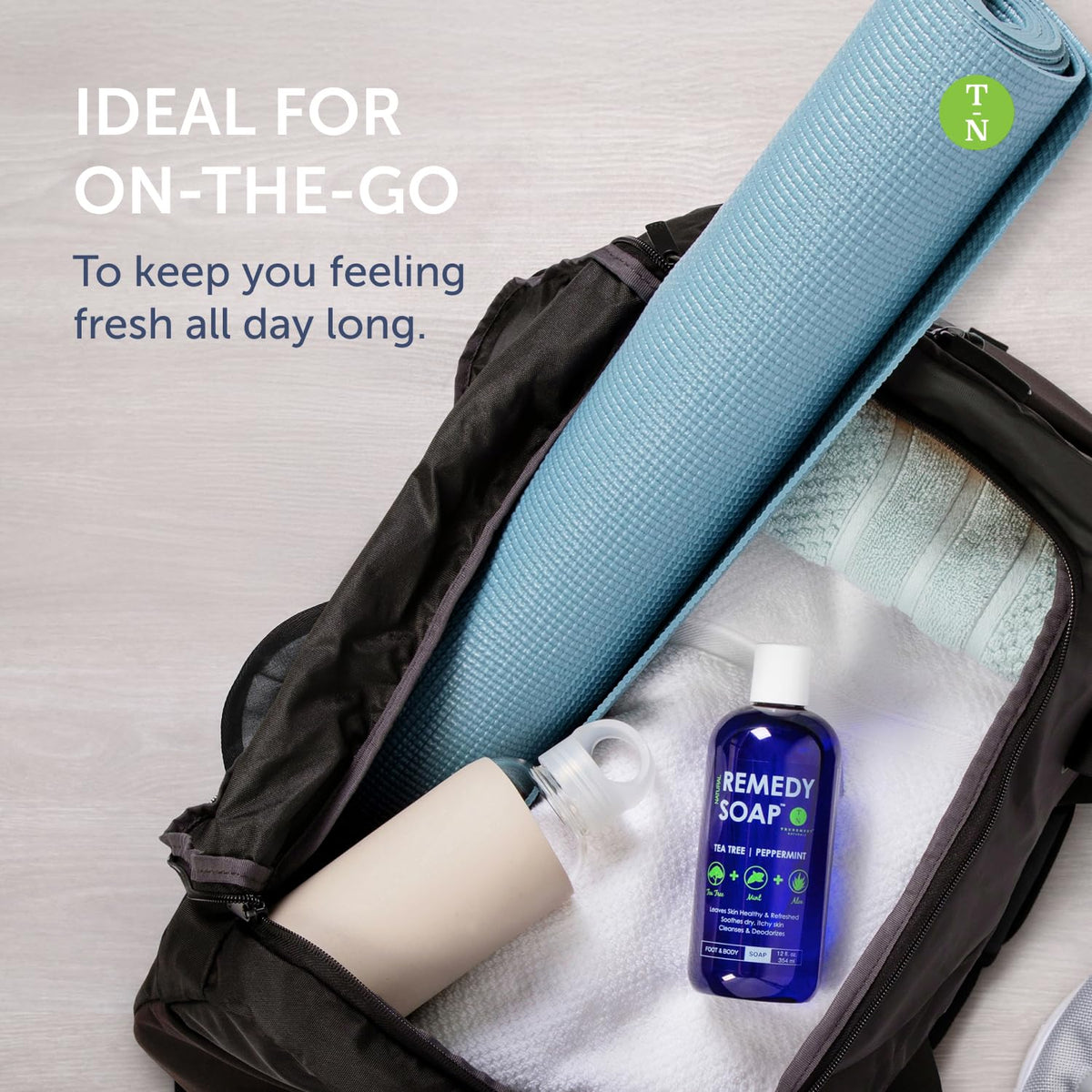 Truremedy Naturals foot wash applied to feet, suggests odor-control and revitalizing feel