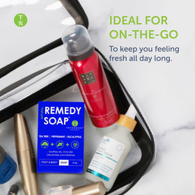 Truremedy Naturals being used on feet in shower offering odor-neutralizing freshness