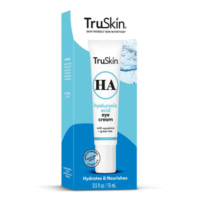 TruSkin application in use model demonstrating gentle patting technique around eyes