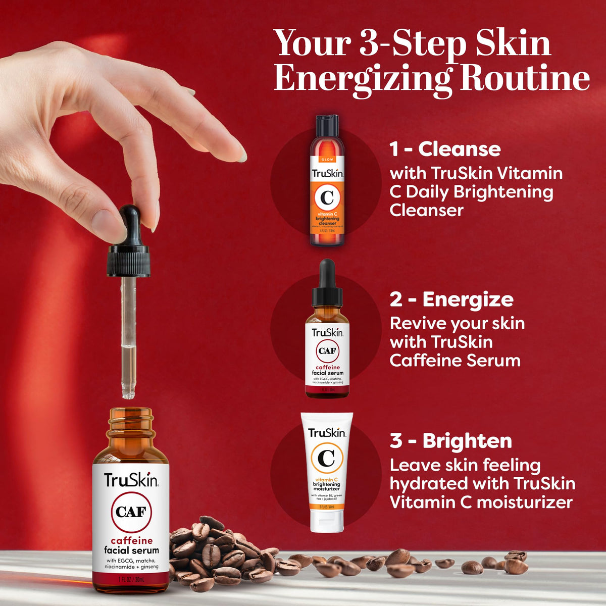 Application of TruSkin serum under eye, illustrates gentle patting and depuffing benefit