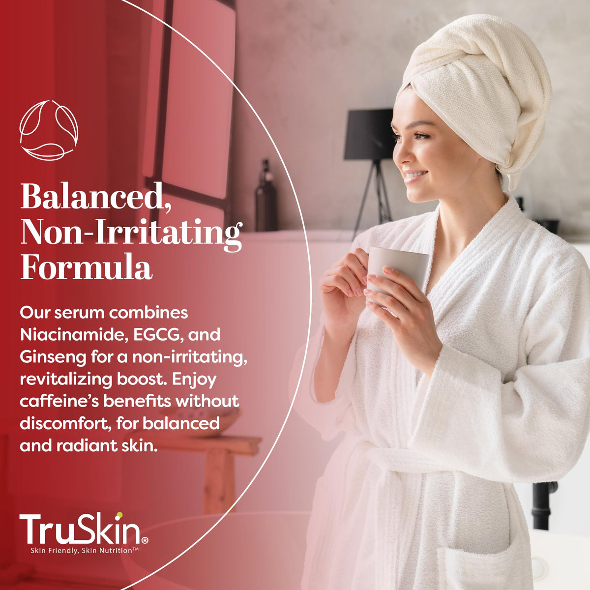 TruSkin with matcha and green tea leaves, highlights antioxidant-rich EGCG content