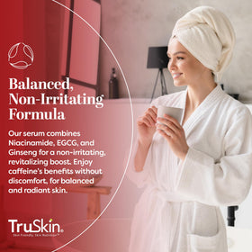 TruSkin with matcha and green tea leaves, highlights antioxidant-rich EGCG content