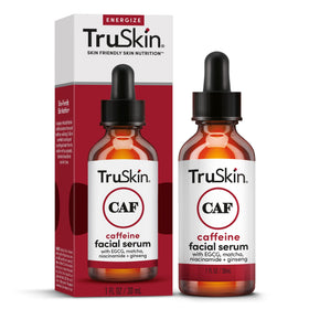 TruSkin serum on bathroom vanity with towel, evokes daily morning routine refresh