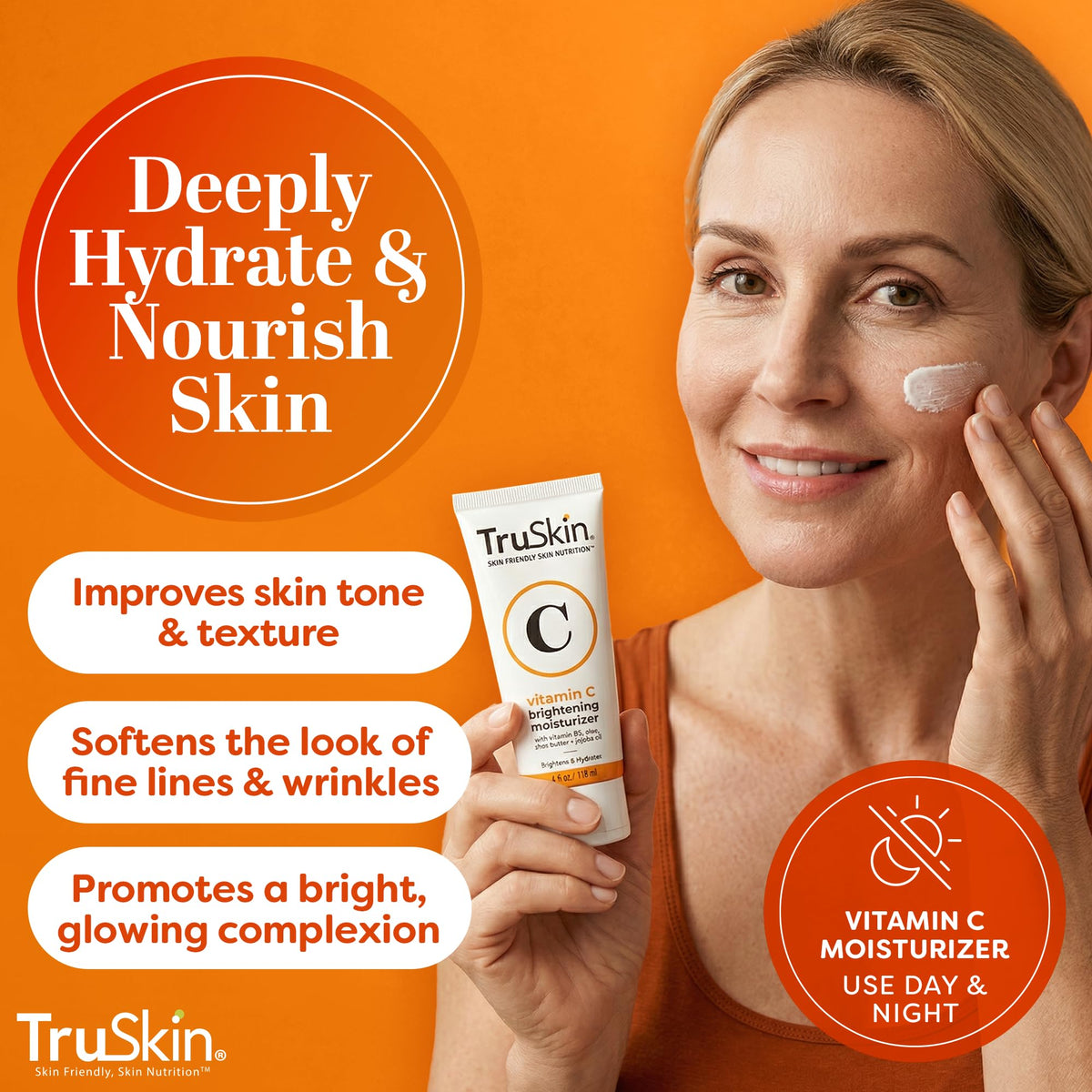 TruSkin jar beside aloe and green tea highlighting natural antioxidant ingredients
