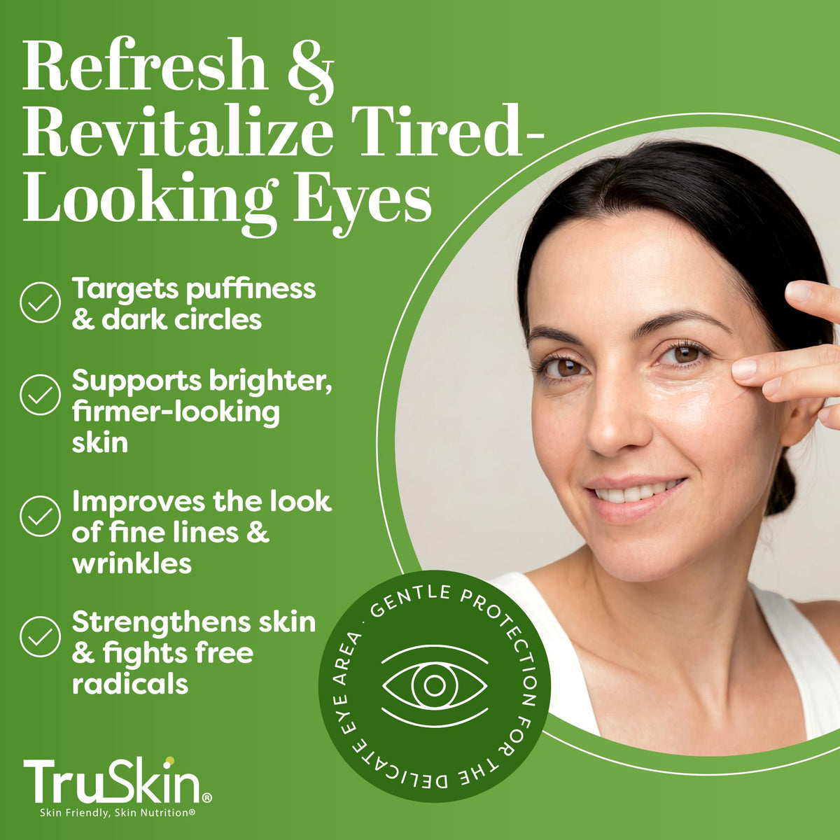TruSkin gel on fingertip ready to apply for quick under-eye smoothing