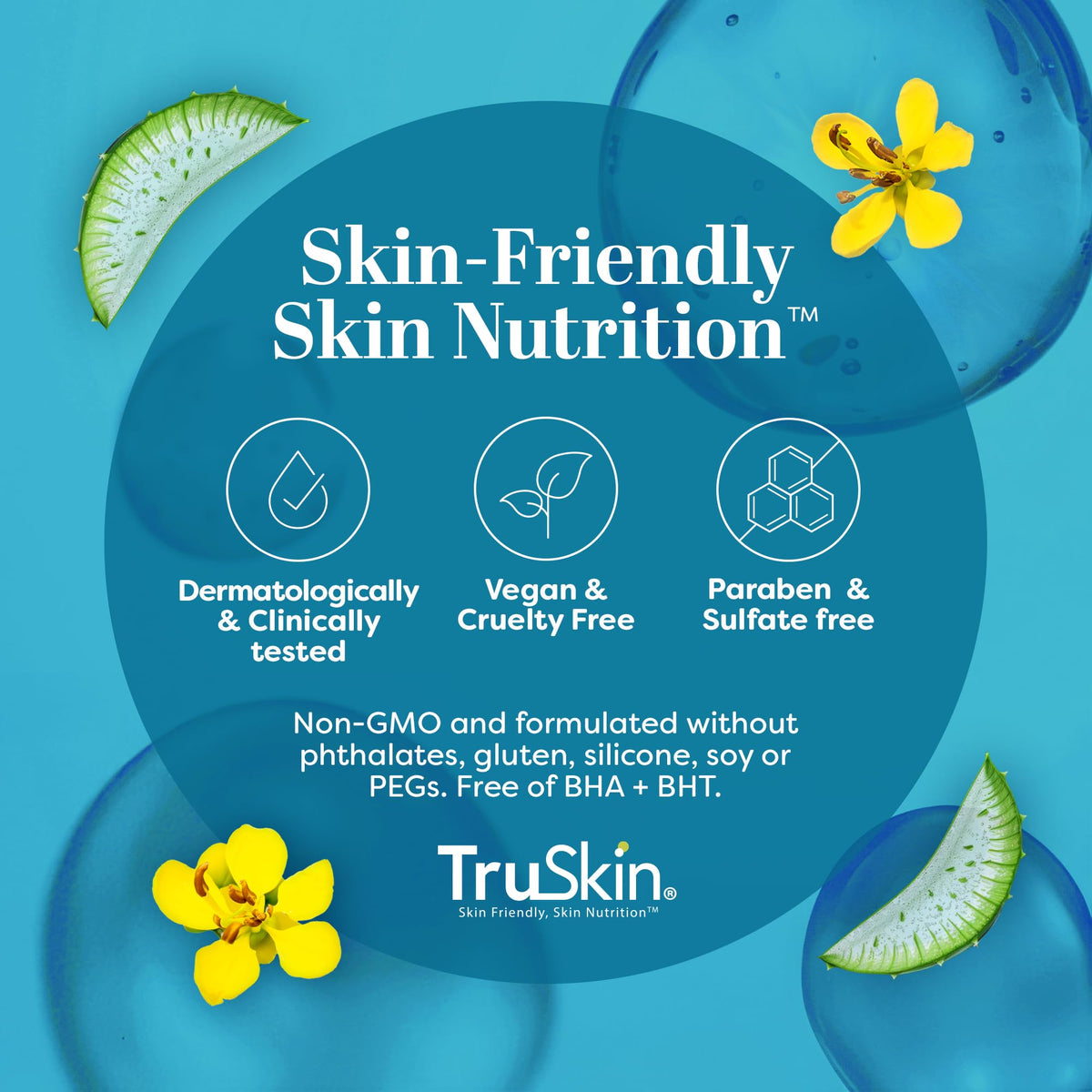 TruSkin label close-up highlighting hyaluronic blend and clean formula