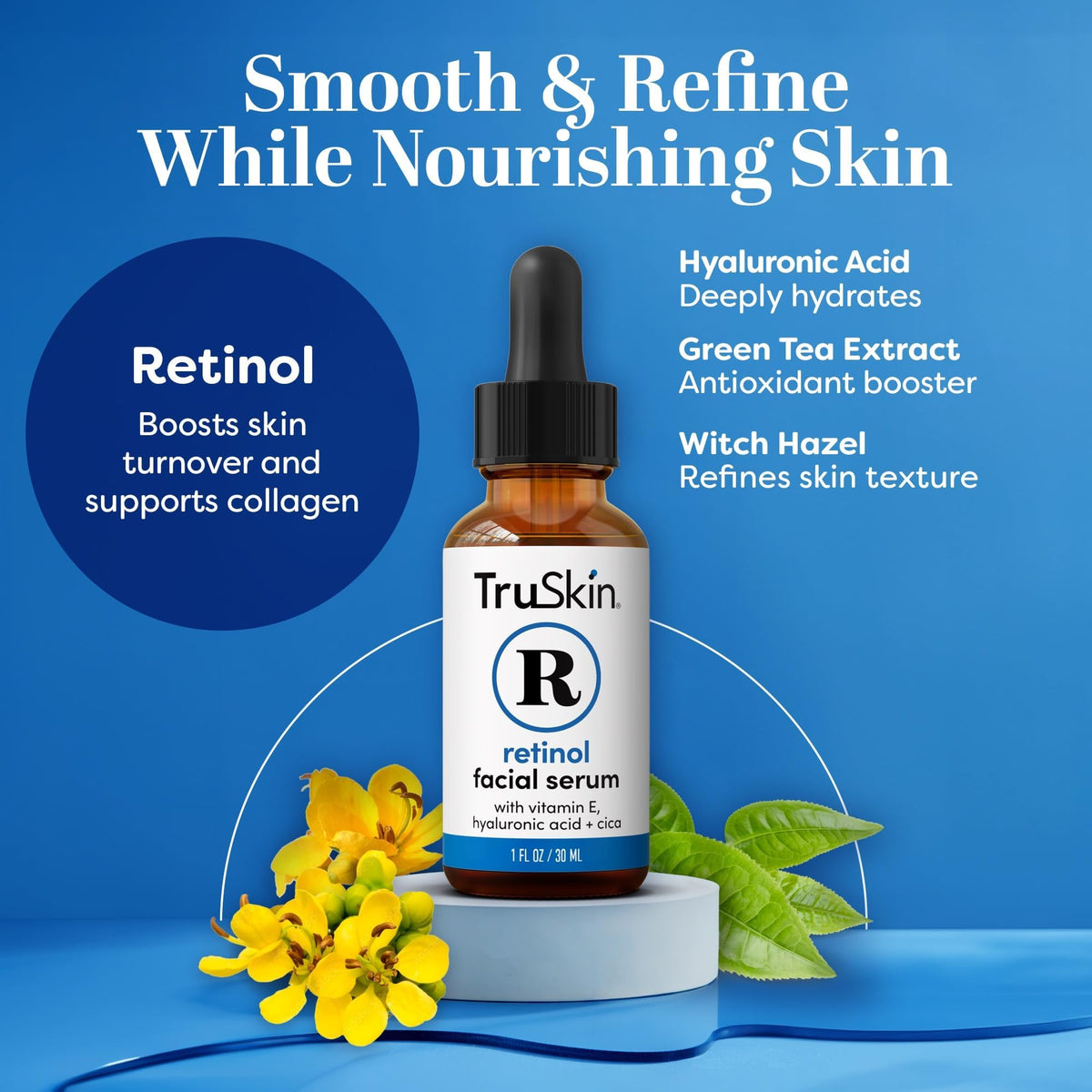 TruSkin retinol serum dropper dispensing a precise drop for controlled application