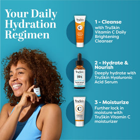 TruSkin bottle beside moisturizer illustrating layering in a daily skincare routine