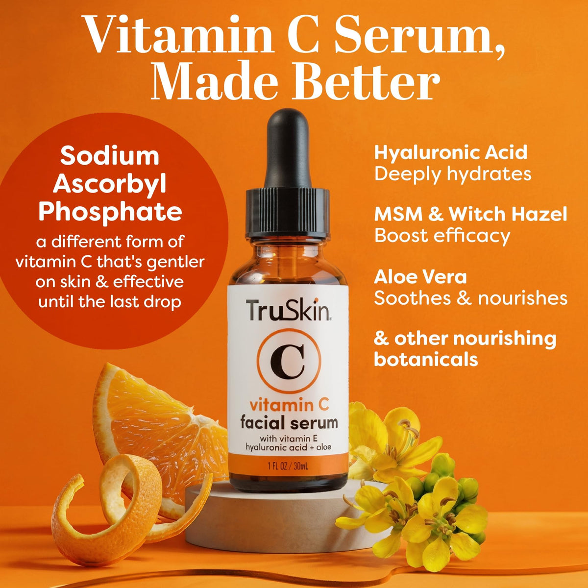 TruSkin Naturals dropper dispensing serum illustrating controlled application and dosage