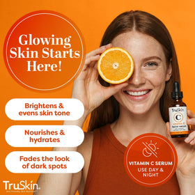 TruSkin Naturals ingredient label close-up highlighting vitamin C, hyaluronic acid, vitamin E
