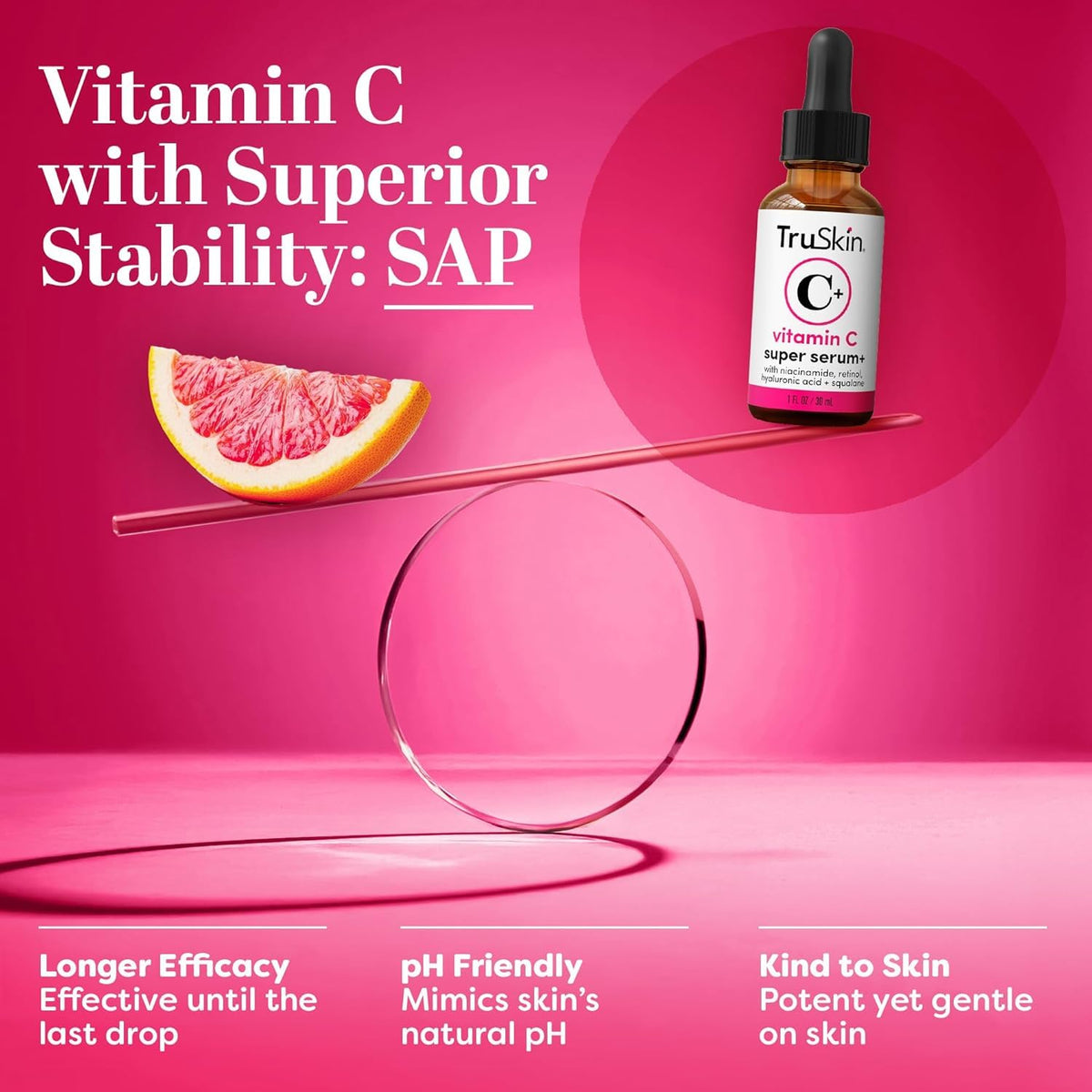TruSkin bottle next to common objects showing 1 fl oz scale for size guidance