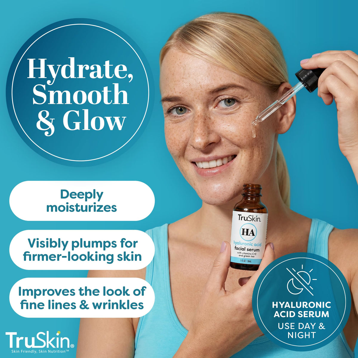 TruSkin serum texture on fingertip illustrating lightweight absorption