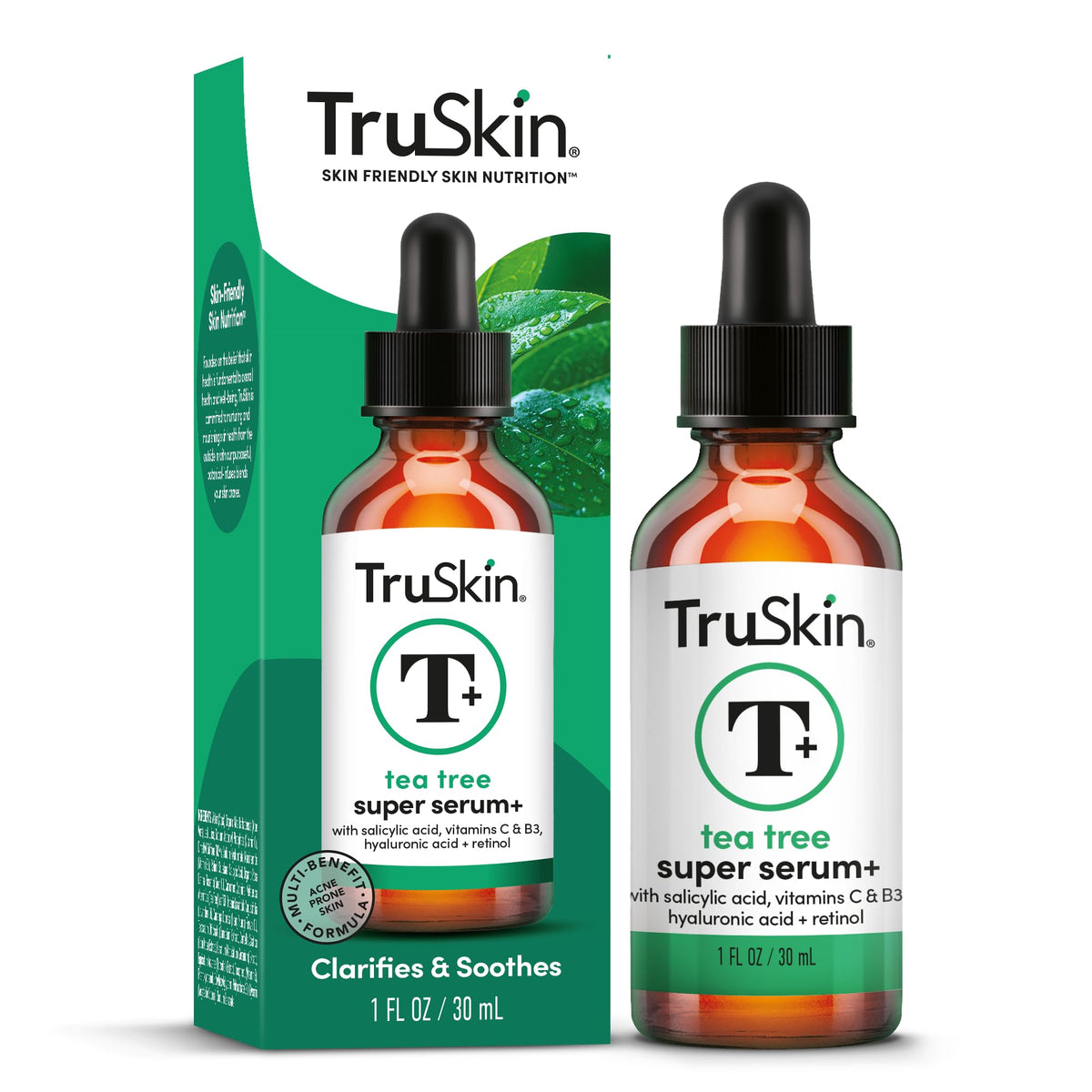 TruSkin serum shown with sunscreen to emphasize daytime protection pairing