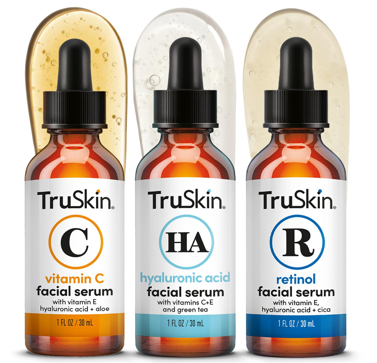 TruSkin trio front packaging showing three 1 fl oz bottles and benefits