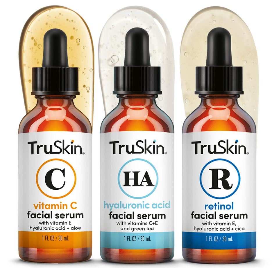 TruSkin trio front packaging showing three 1 fl oz bottles and benefits