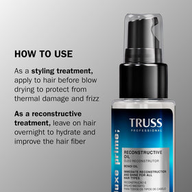 TRUSS applied to damp hair before styling, protects from heat and improves manageability
