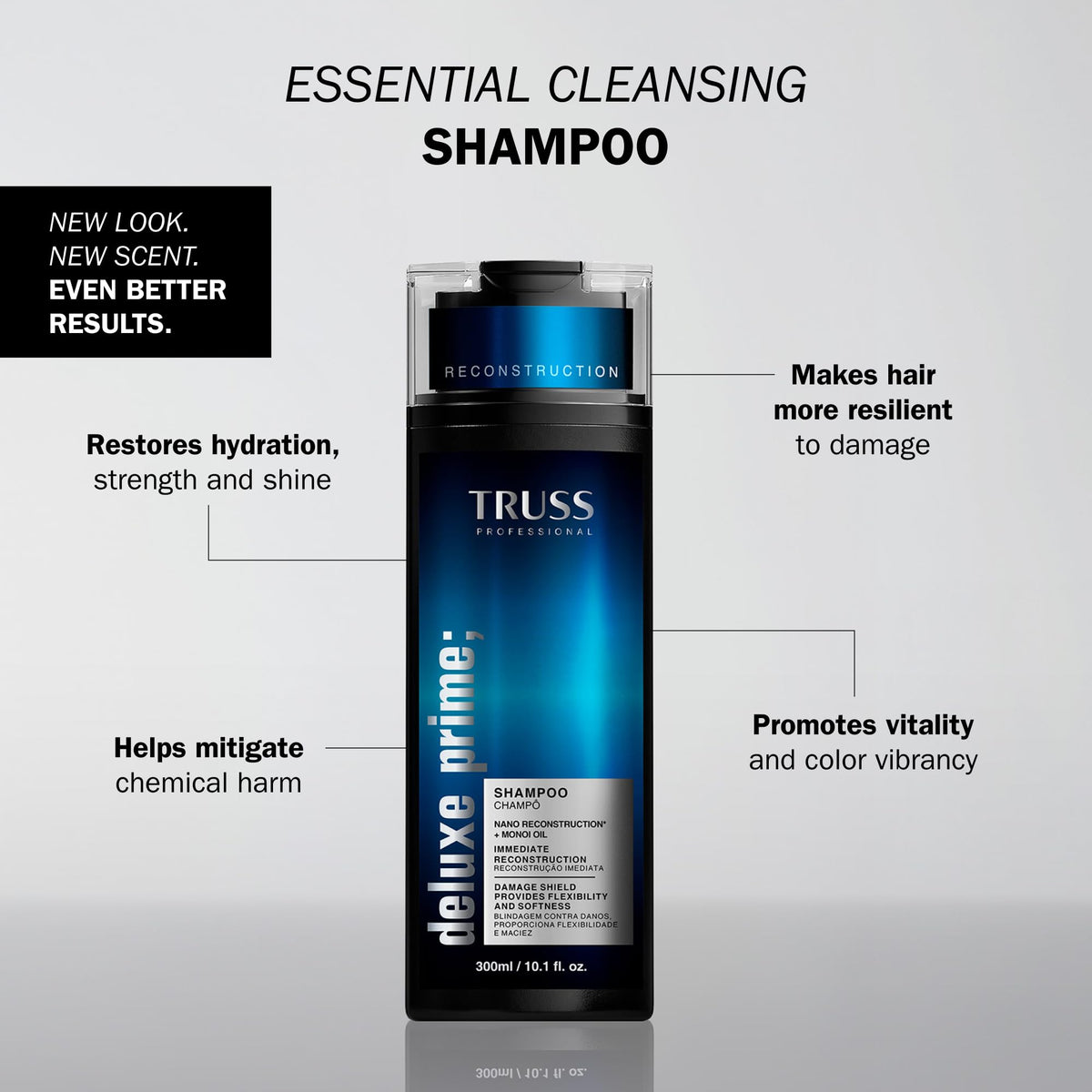 TRUSS Deluxe Prime Shampoo back label with ingredients and directions for careful, informed use
