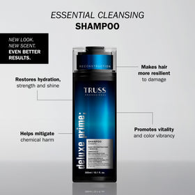 TRUSS Deluxe Prime Shampoo back label with ingredients and directions for careful, informed use