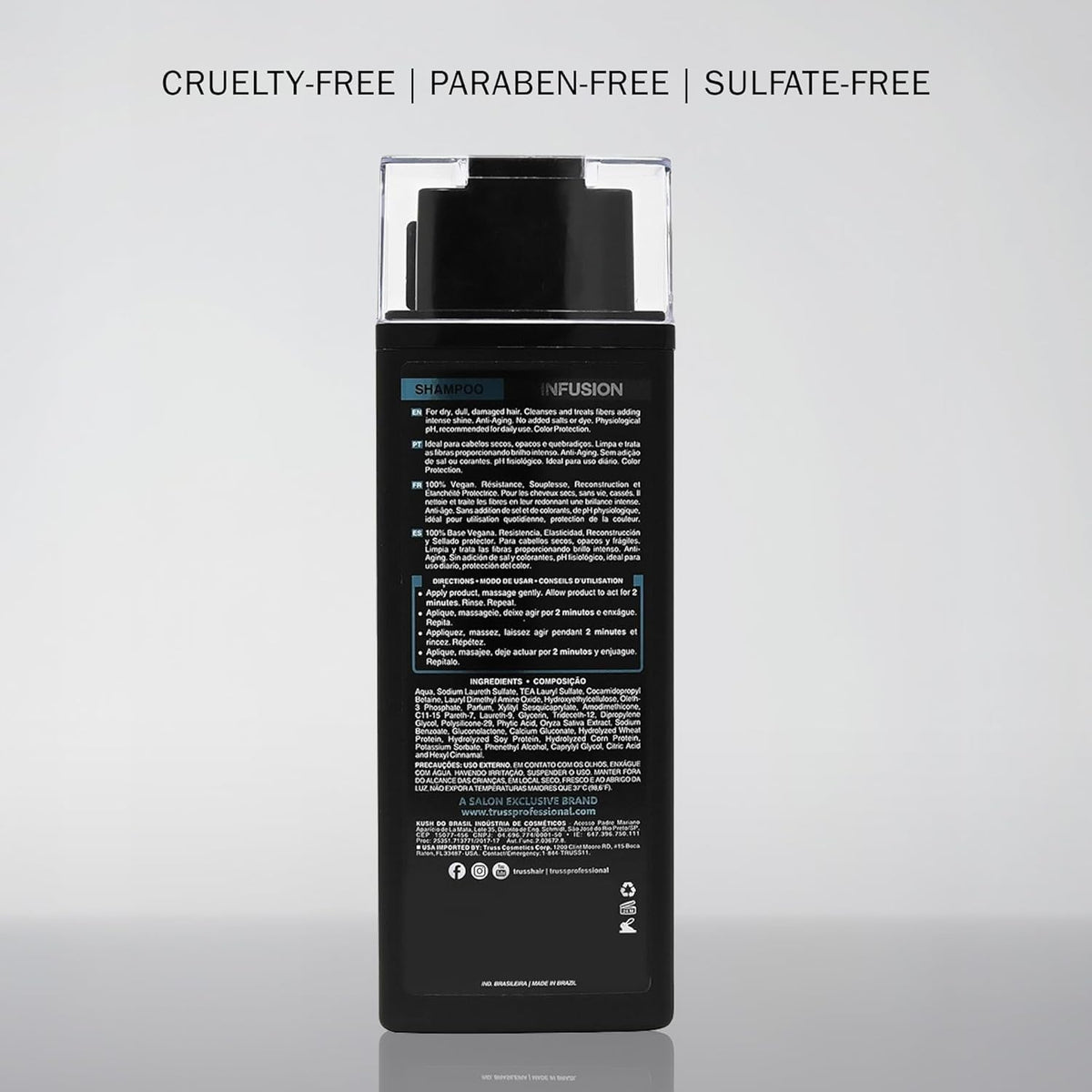 TRUSS shampoo on bathroom shelf suggesting daily salon-grade routine