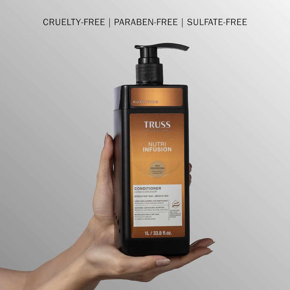 TRUSS bottle held in hand to indicate 10.14 fl oz size and travel-friendly benefit