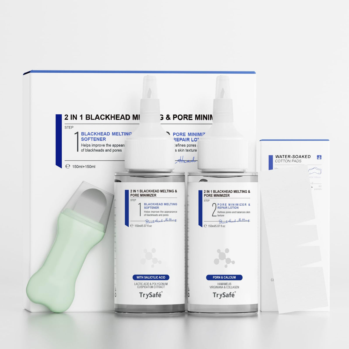 TrySafe front packaging showing bottles and 60 cotton pads, clear system for pore care