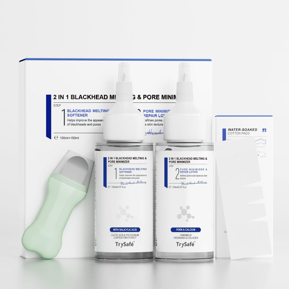TrySafe front packaging showing bottles and 60 cotton pads, clear system for pore care
