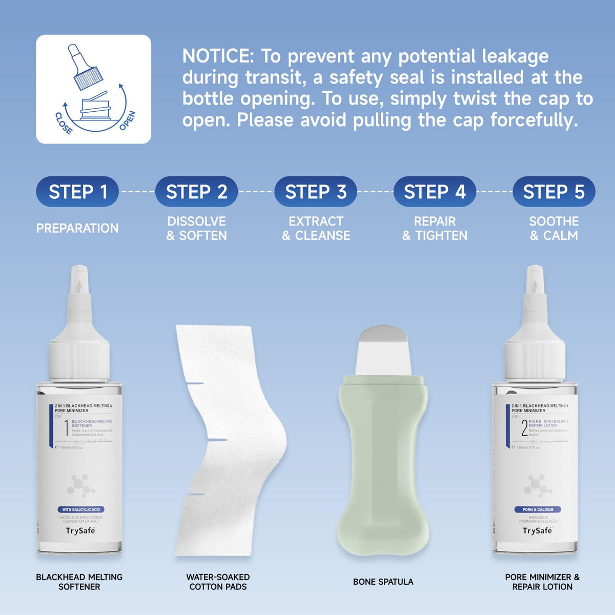 TrySafe ingredient arrangement with hyaluronic PDRN calcium centella, calming and hydrating blend