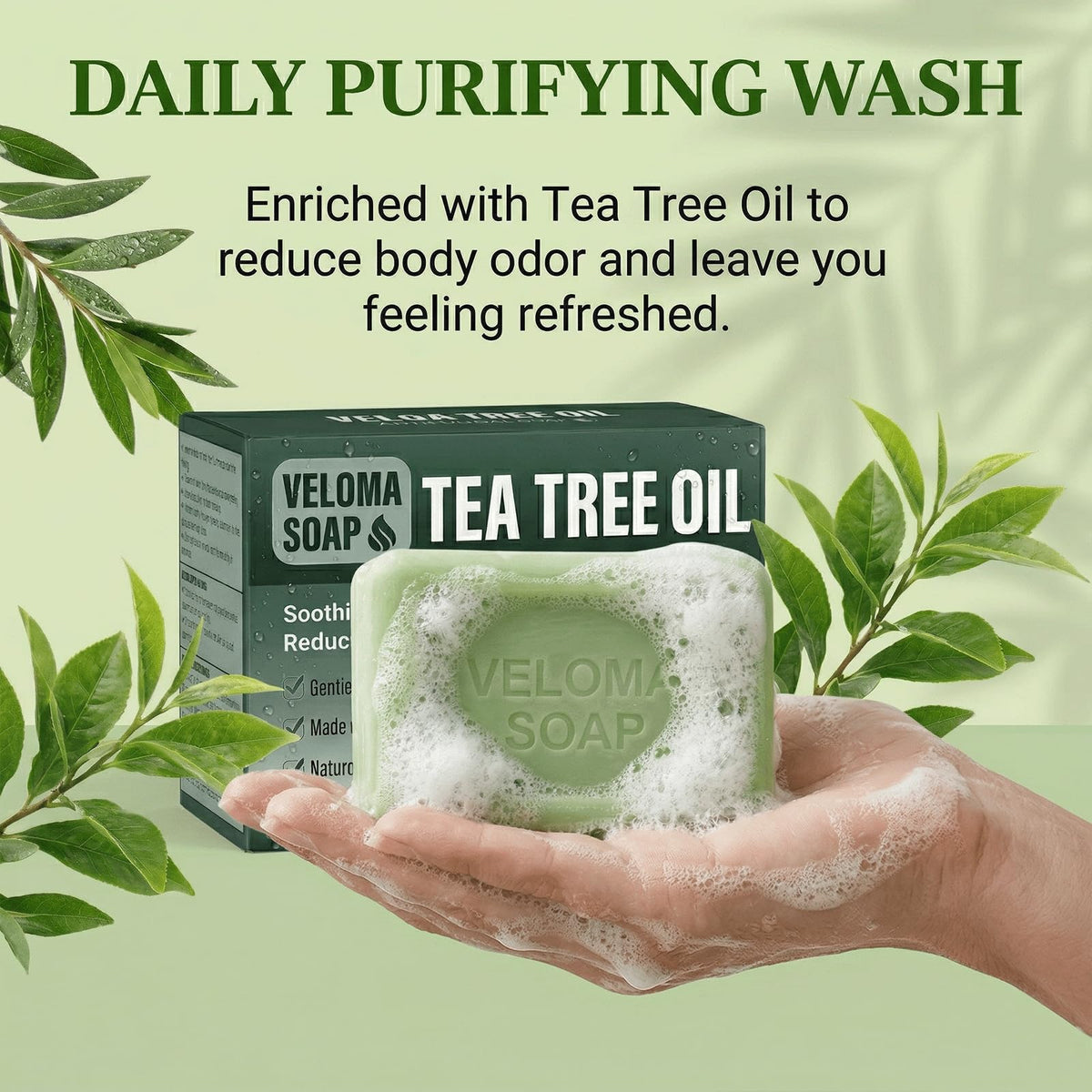 Tryskintle Veloma active ingredients label highlighting tea tree, eucalyptus, and witch hazel