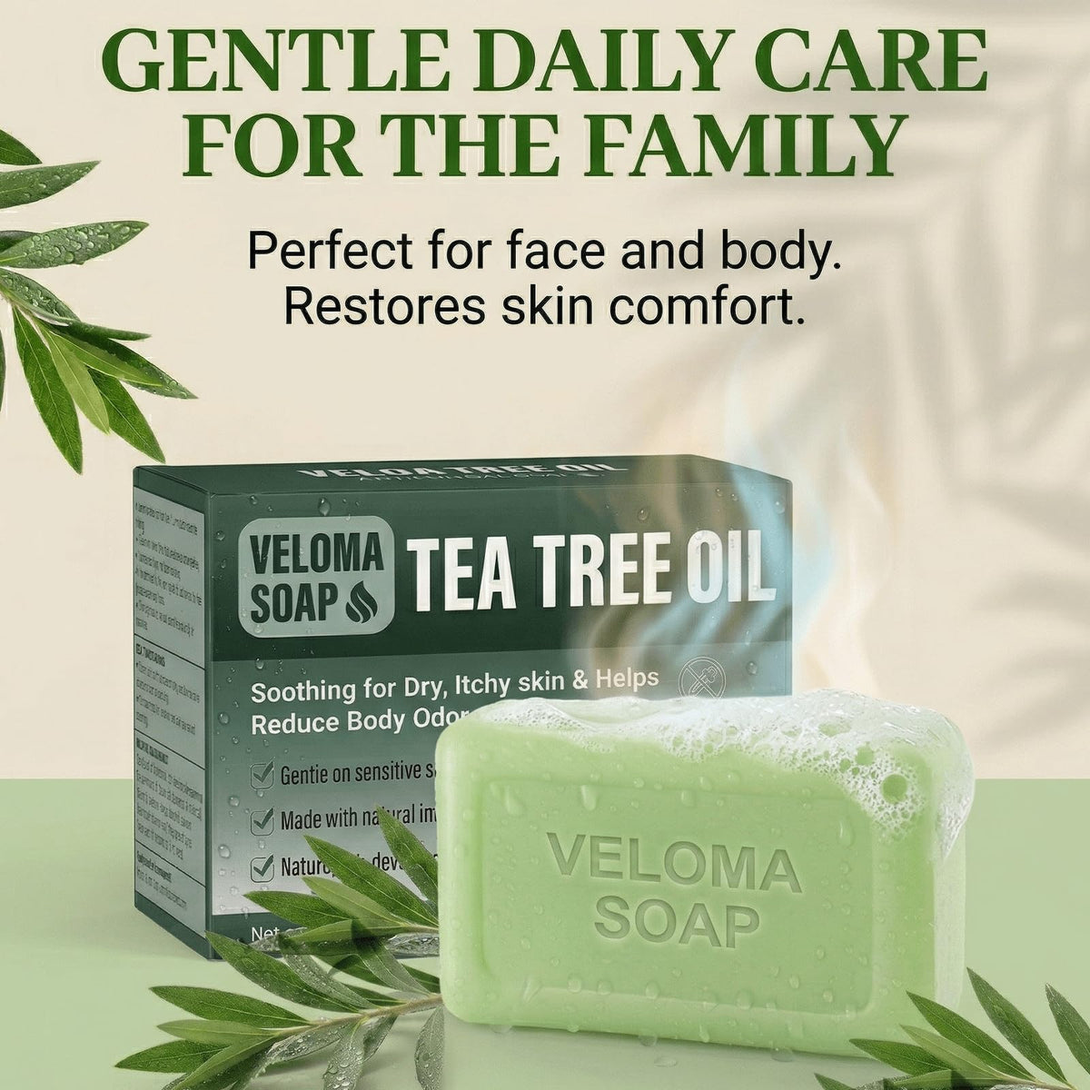 Tryskintle Veloma in shower use illustrating gentle cleansing for face and body benefits
