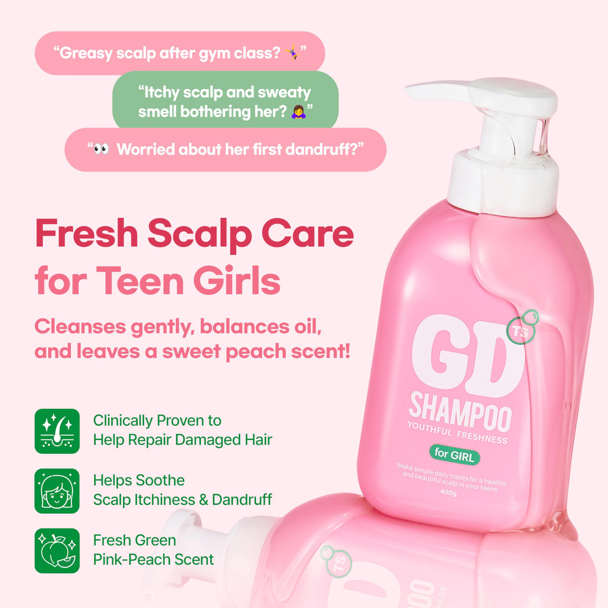 TS SHAMPOO pump and clear label GD highlighting easy use