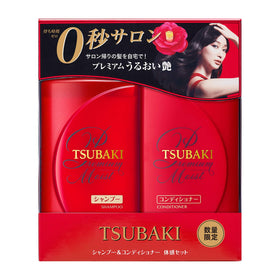 Tsubaki bottle label closeup highlighting ingredients and benefit of improved manageability