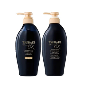 Tsubakii front packaging of Premium EX set showing both bottles and easy identification benefit