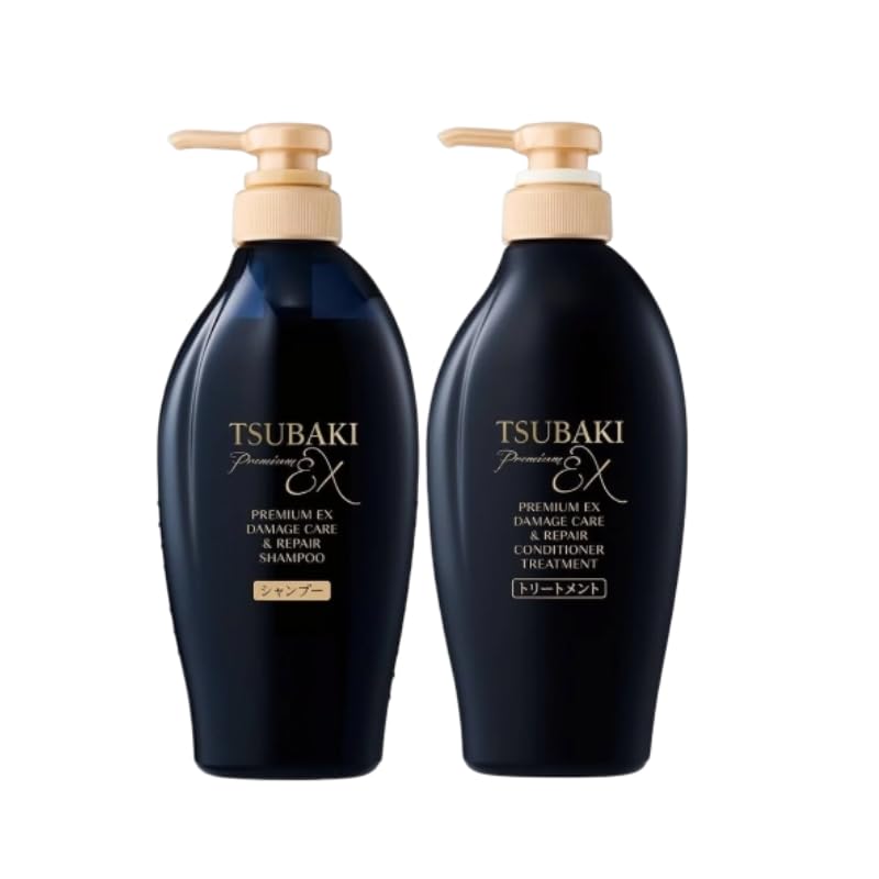 Tsubakii front packaging of Premium EX set showing both bottles and easy identification benefit