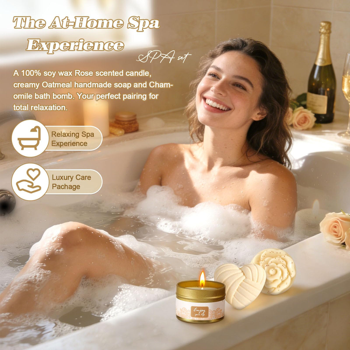 TsunNee chamomile bath bomb and lotus wand displayed to encourage soothing baths