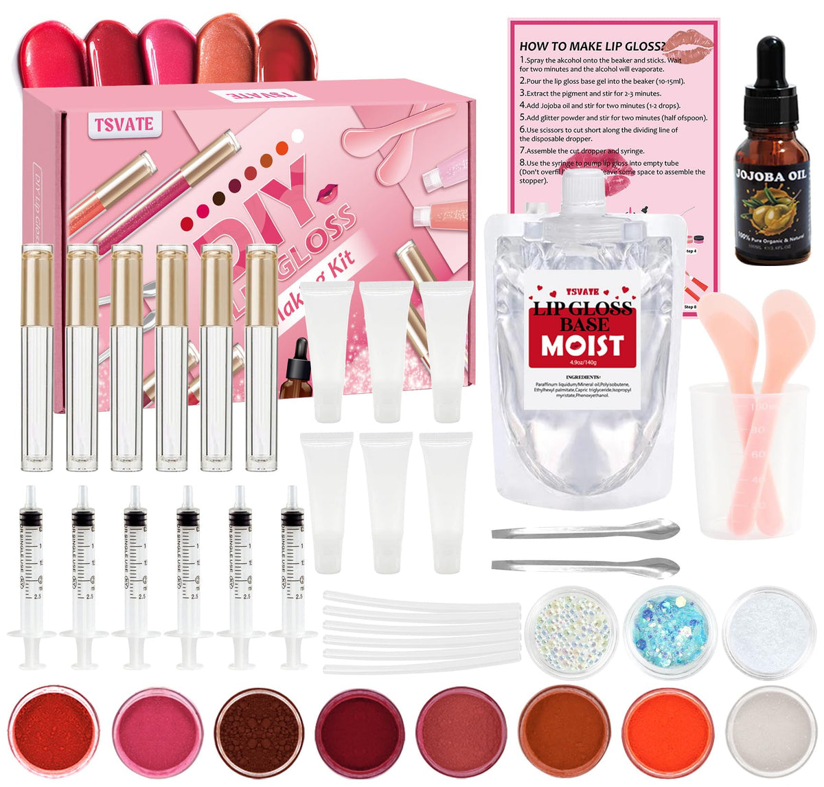 TSVATE front packaging showing complete DIY lip gloss kit and benefits