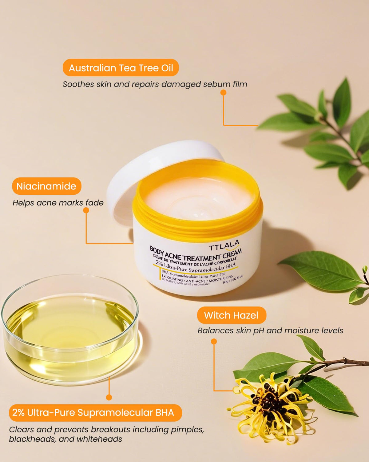 TTLALA cream texture close-up showing salicylic blend for unclogging pores