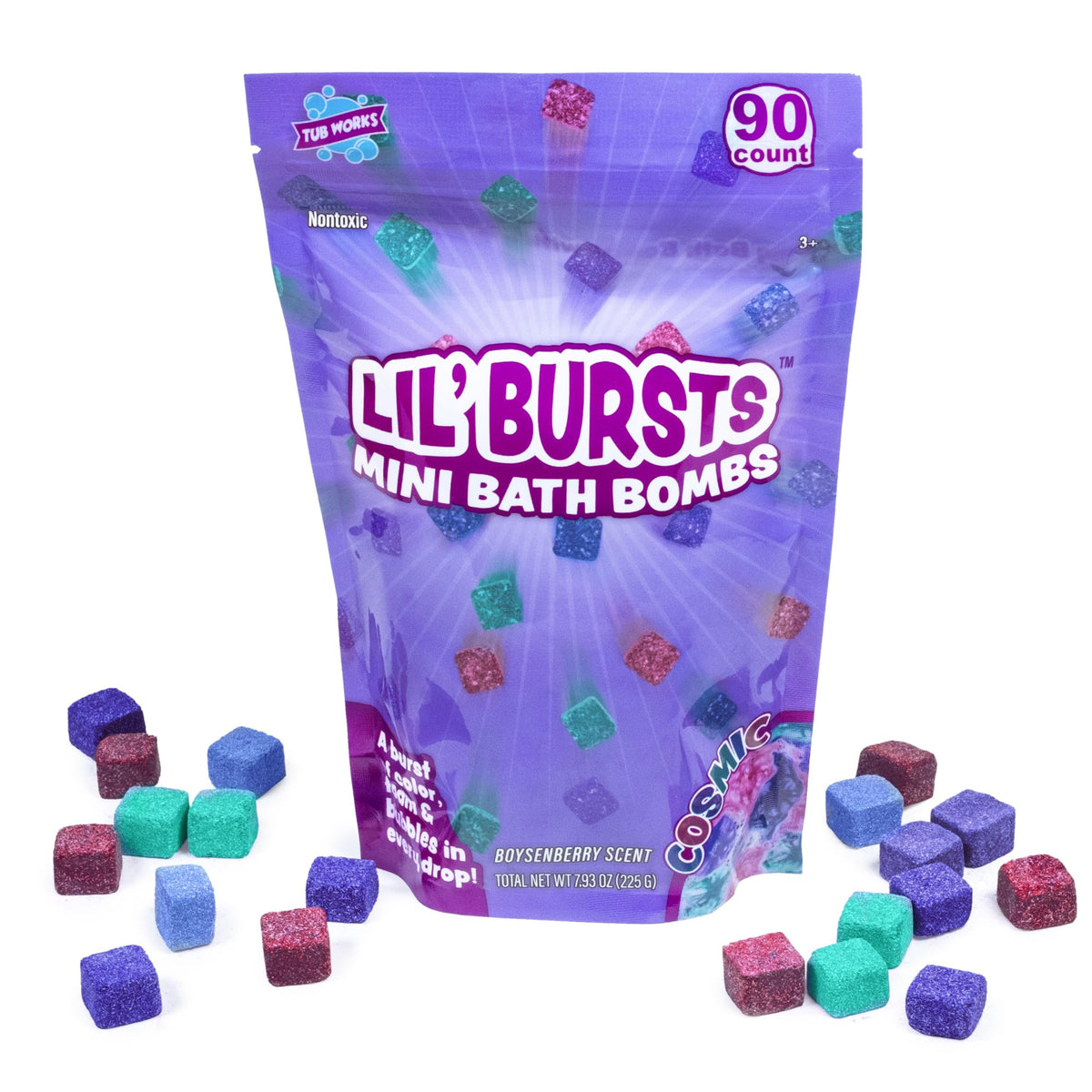 Bathroom scene with Tub Works mini bath bombs staged for family-friendly use