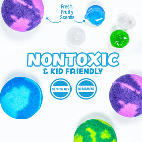 Bath scene with a Tub Works bomb fizzing and coloring tub water for playful sensory bath time