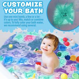 Tub Works mini bombs fizzing and dissolving with colorful foam in bathtub