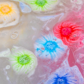 Tub Works close-up texture of a Lil' Burst mini bomb highlighting safe, gentle formulation