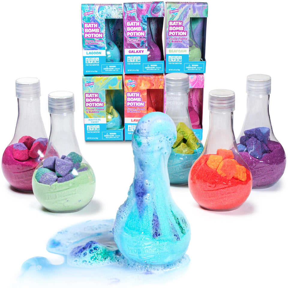 Tub Works front pack showing six colorful tub potions, playful bath fun