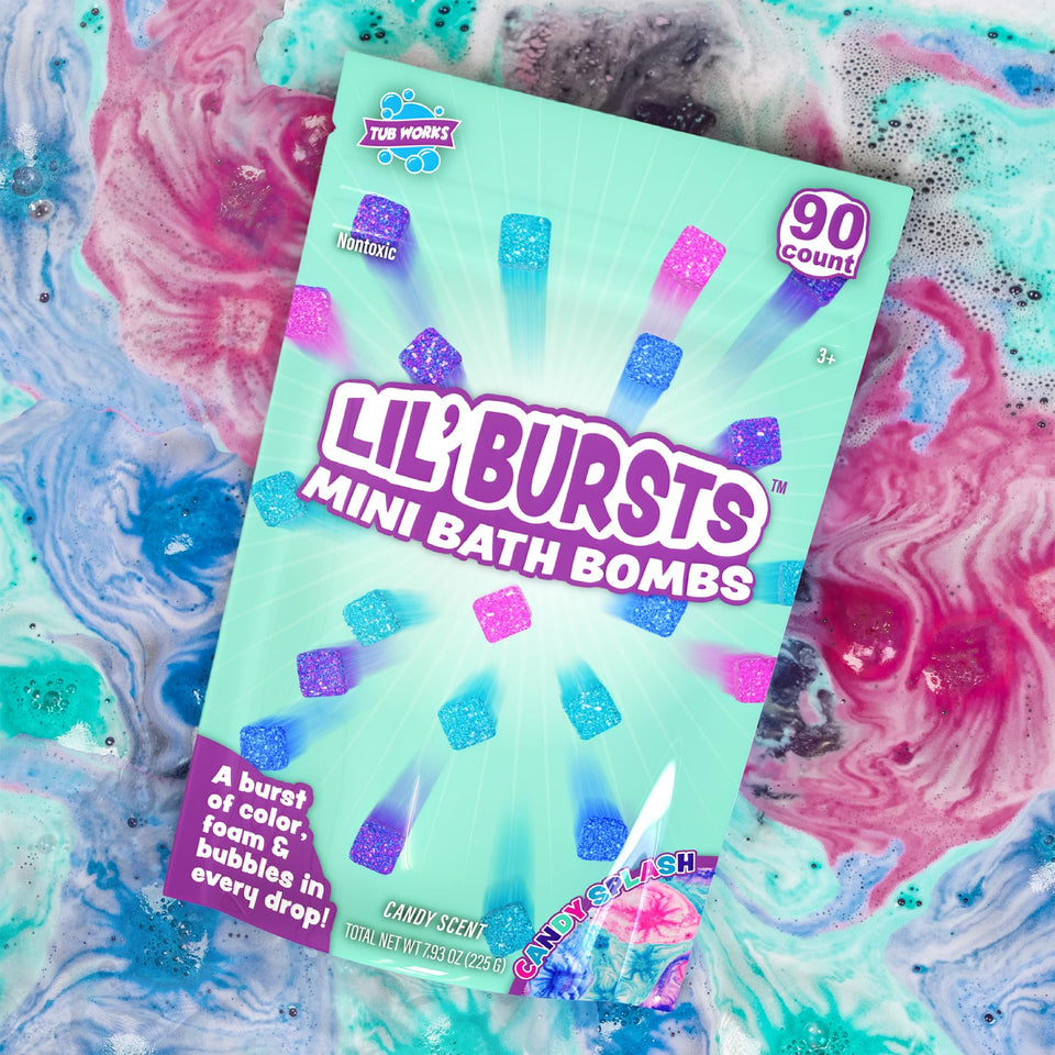 Tub Works front packaging showing 90-count Candy Splash mini bath bombs and playful branding