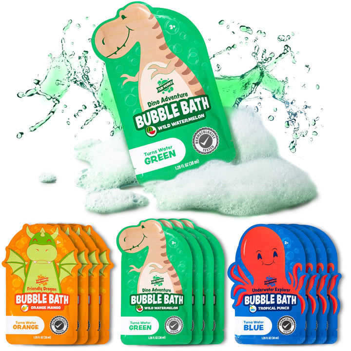 Tub Works front packaging showing colorful character pouches and benefits