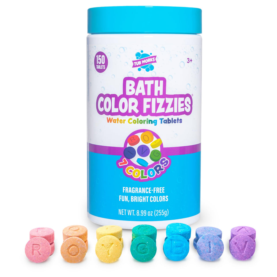 Tub Works front packaging showing 150 count vibrant bath tablets and benefits
